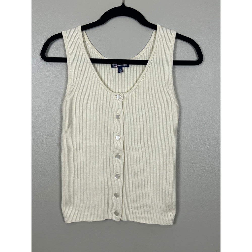 Freshman 1996 Womens Ribbed Knit Button Front Tank Top Cream Ivory Medium